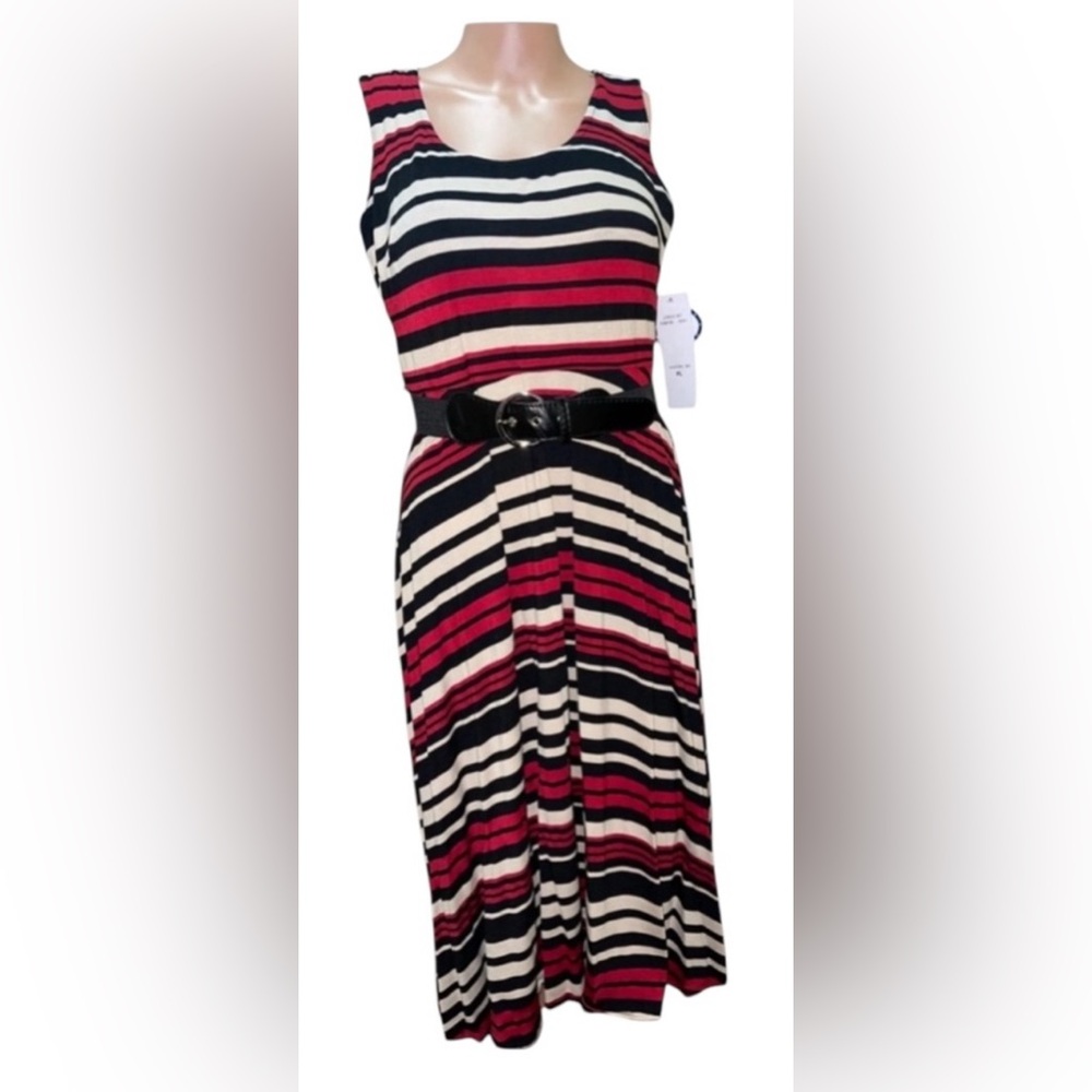 SIGNATURE MIDI STRIPED DRESS SCOOP NECK WOMENS COLORFUL SLEEVELESS SIZE PLARGE